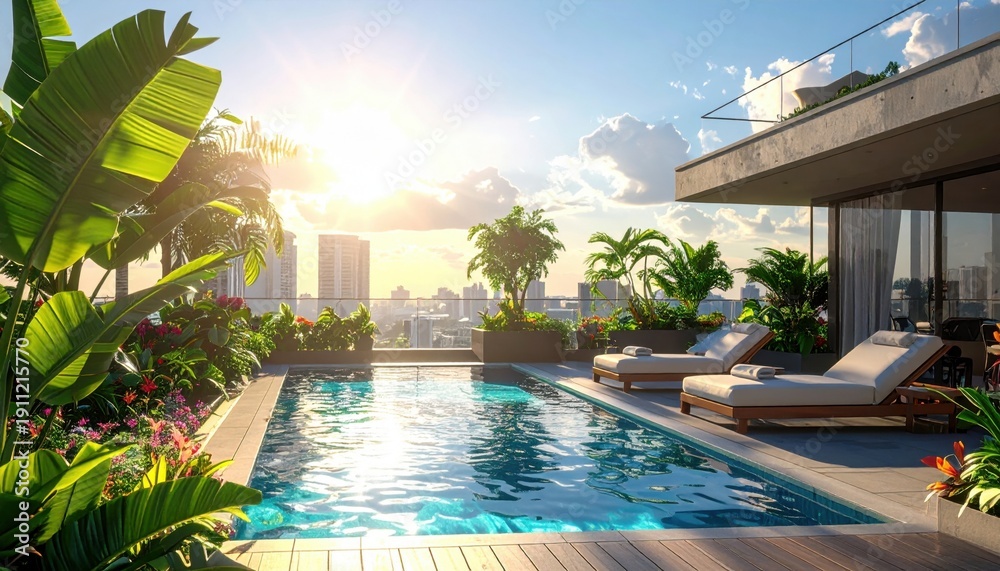 Fototapeta premium Luxurious Rooftop Pool with Lounge Chairs Surrounded by Tropical Plants at Sunset in Cityscape