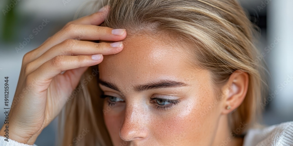 Naklejka premium Young woman examines bald spots on her forehead while contemplating treatment