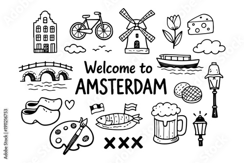 Amsterdam travel doodle set, cute hand drawn city symbols and landmarks in line art style