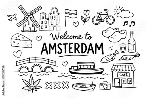Amsterdam travel doodle set, cute hand drawn city symbols and landmarks in line art style