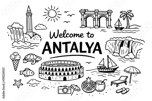 Antalya travel doodle set. Hand drawn Turkey landmarks and summer symbols sketch illustration.
