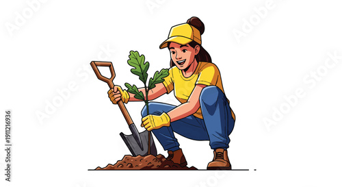 Young woman planting a tree seedling with a shovel contributing to environmental conservation.