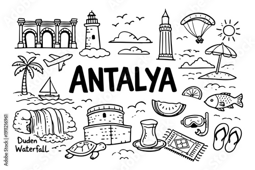 Antalya travel doodle set. Hand drawn Turkey landmarks and summer symbols sketch illustration.