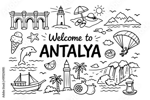 Antalya travel doodle set. Hand drawn Turkey landmarks and summer symbols sketch illustration.
