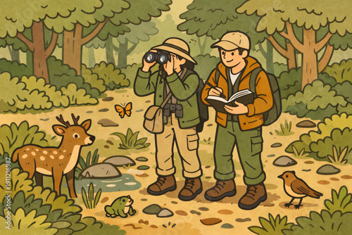 Two men in a forest observing wildlife with binoculars and a notebook