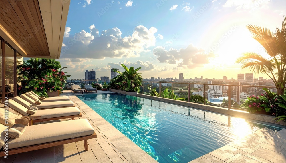 Fototapeta premium Stunning Infinity Pool Overlooking a Vibrant City at Sunset Surrounded by Lush Tropical Plants