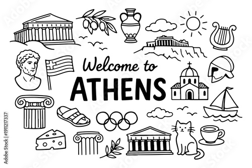 Athens travel doodle set. Hand drawn Greek landmarks and ancient symbols sketch illustration.