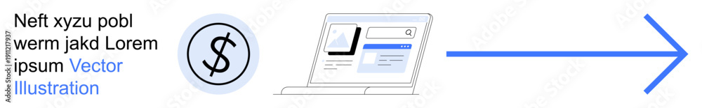 Obraz premium Financial services, online payment, digital banking, money management, e-commerce, transaction flow. A dollar sign, laptop and blue arrow. Financial services and online payment concept