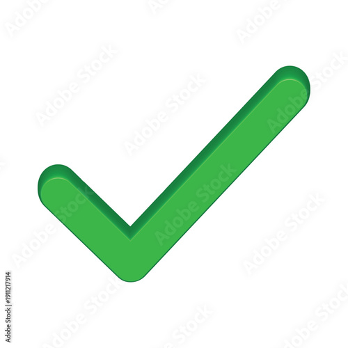 Green Check Mark or Tick Vector Icon with 3D Depth: Symbol of Success, Approval, Correct Choice, Completed Task, Voting Yes, Positive Agreement, Validation and Quality Isolated on White Background