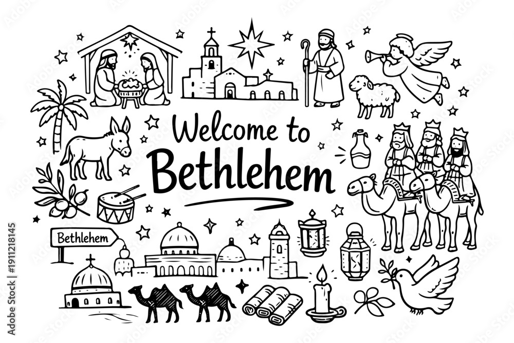 Obraz premium Bethlehem travel and nativity doodle set, hand drawn biblical city symbols and Christmas story landmarks in line art style