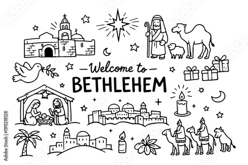 Bethlehem travel and nativity doodle set, hand drawn biblical city symbols and Christmas story landmarks in line art style