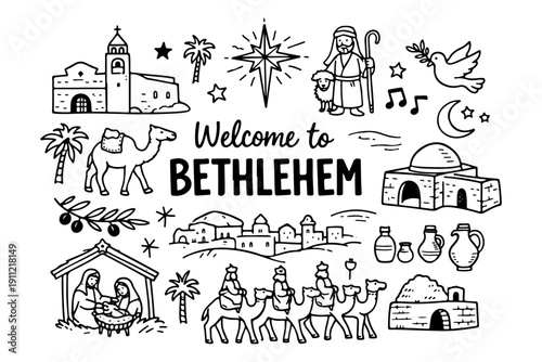Bethlehem travel and nativity doodle set, hand drawn biblical city symbols and Christmas story landmarks in line art style