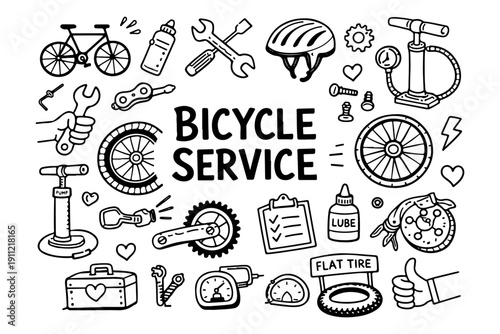 Bicycle service doodle set, hand drawn bike repair tools and spare parts in line art style