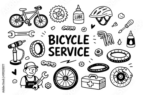 Bicycle service doodle set, hand drawn bike repair tools and spare parts in line art style