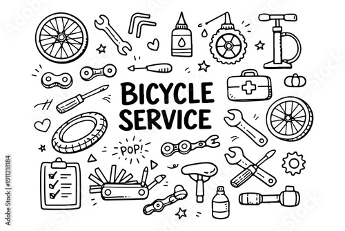 Bicycle service doodle set, hand drawn bike repair tools and spare parts in line art style