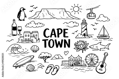 Cape Town travel doodle set, hand drawn South Africa city symbols and landmarks in line art style