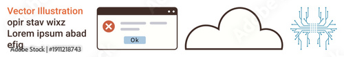 Cloud technology, error messages, AI integration, data storage, digital connection, system alerts. Error window, cloud neural connections . Cloud technology and system alerts concept
