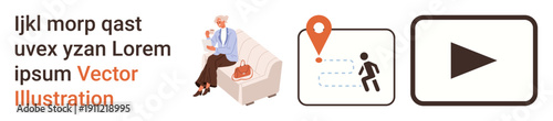 Navigation, travel, elderly care, multimedia, tracking, location mapping. Elderly woman seated on a couch, route indicator with a pin and play icon. Elderly care and navigation concept