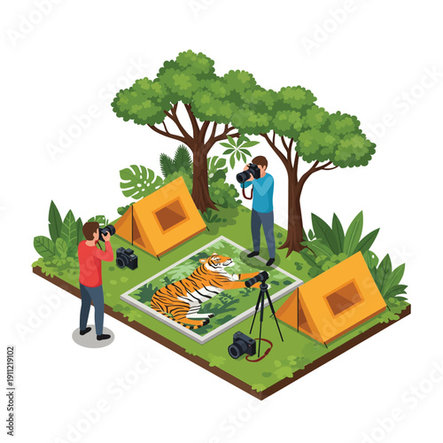 Wildlife Photographers Documenting a Tiger in a Jungle Camp.