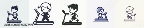 Silhouette Vector Illustration of a Cute Kids Running on a Treadmill