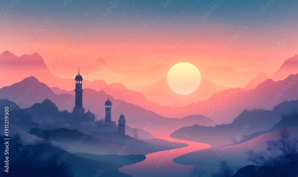 Fototapeta premium Mosque silhouette stands overlooking a winding river through misty mountains as the sun rises, creating a soft, colorful sky