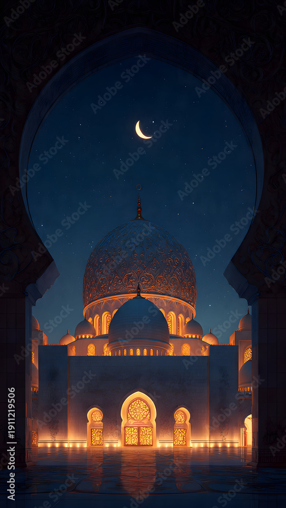 Fototapeta premium A dazzling crescent moon sparkling among clusters of seafoam green and teal glitter with tropical ocean defocused lights creating fresh and invigorating Ramadan design