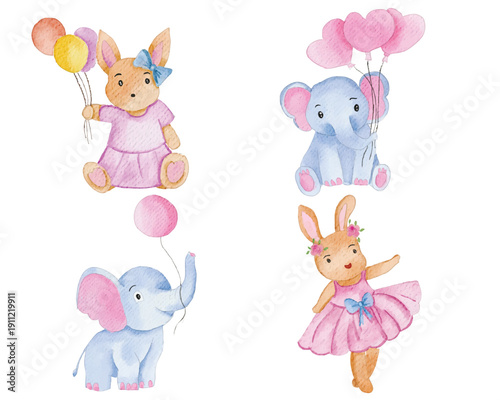 Cute Bunny and Elephant Watercolor Set