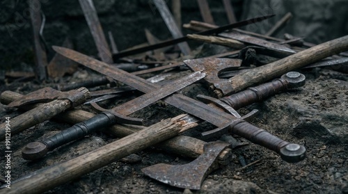 Pile of Broken Rusty Swords and Axes