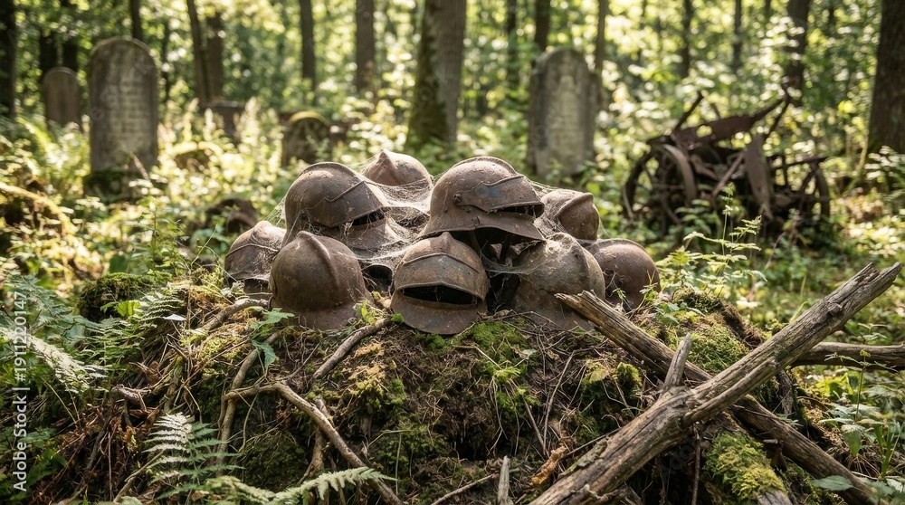 Obraz premium Pile of Dented Iron Helmets in Forest