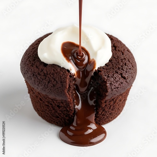 A chocolate cake being drizzled with sauce and topped with a dollop of cream