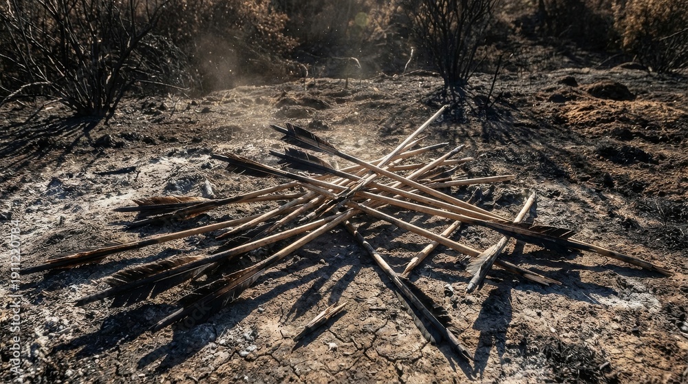 Fototapeta premium Pile of Shattered Wooden Arrows on Dry Ground