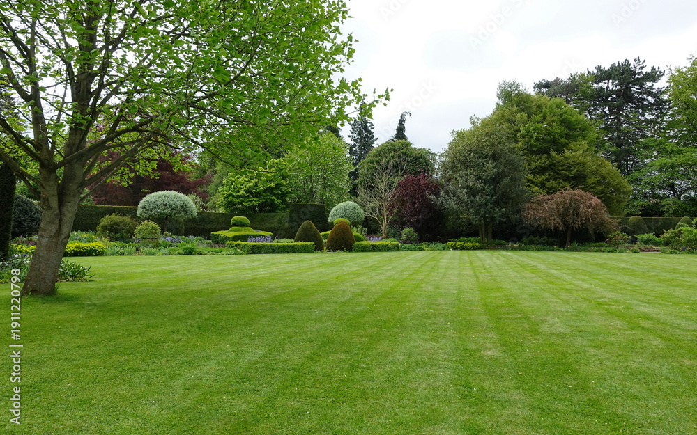 Naklejka premium Scenic view of a beautiful landscape garden with a freshly mowed grass lawn and green leafy trees