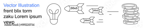 Cybersecurity, online defense, data security, DDoS attacks, hacking concepts, IT infrastructure protection. Image of missiles labeled DDoS targeting data servers. Cybersecurity and online defense