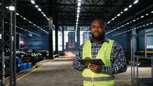 Εκτύπωση καμβά African american technician surrounded by metal tools in a warehouse facility, representing professional labor and manufacturing power