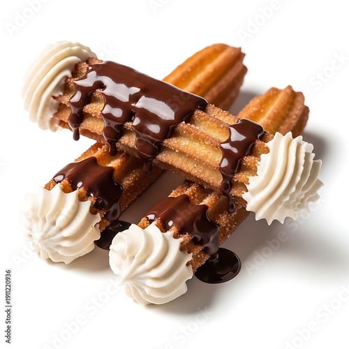 Close-up shot of churros with whipped cream and chocolate sauce on a plain white background