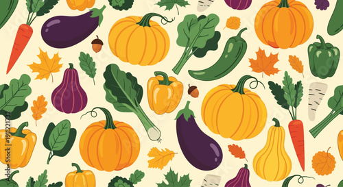 Assorted Colorful Vegetables and Pumpkins Illustration.