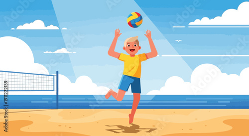 Man Playing Volleyball on Sandy Beach.