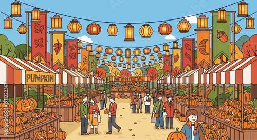 Vibrant Autumn Harvest Festival Scene Illustration.