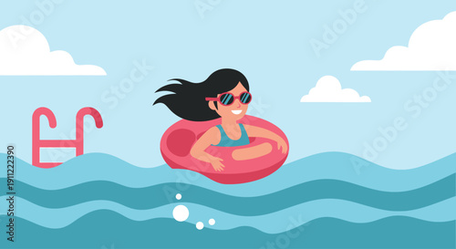 Woman Relaxing on Inflatable Ring in Water.