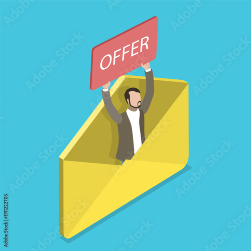 3D Isometric Flat Vector Illustration of Offer, Man Emerging From Letter Holding A Bidding Board