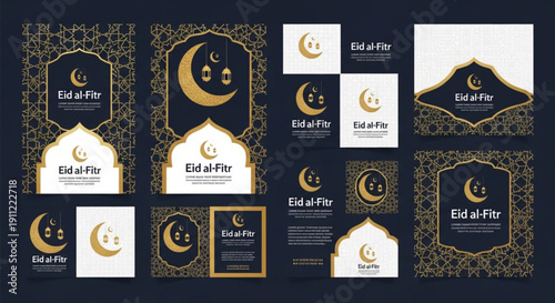 Golden Eid al-Fitr Celebration Design Templates Collection featuring elegant Islamic patterns, crescent moons, and festive lanterns for holiday greetings and event branding