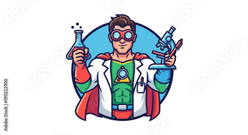 Superhero scientist man in costume holding scientific equipment in illustration style
