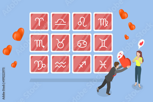 3D Isometric Flat Vector Illustration of Love Horoscope, Woman Choosing Sexual Partner Or Future Husband Near Zodiac Signs.