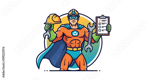 Superhero mechanic holding wrench and checklist, ready to fix any problem