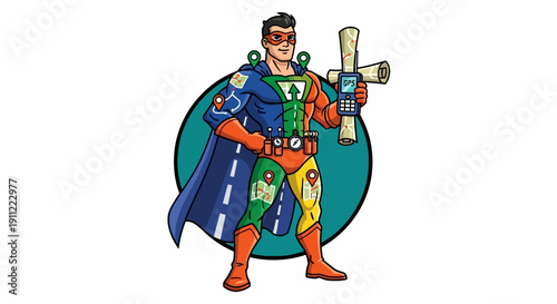 Superhero Navigator with Map and Compass Guiding You to Your Destination