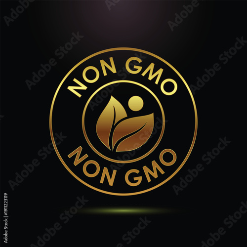 Golden Non GMO logo with leaf symbol on dark background