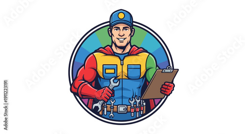 Superhero Mechanic with Wrench and Clipboard Ready to Fix Anything