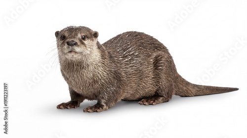 A North American river otter stands on a white background, looking alert and curious.