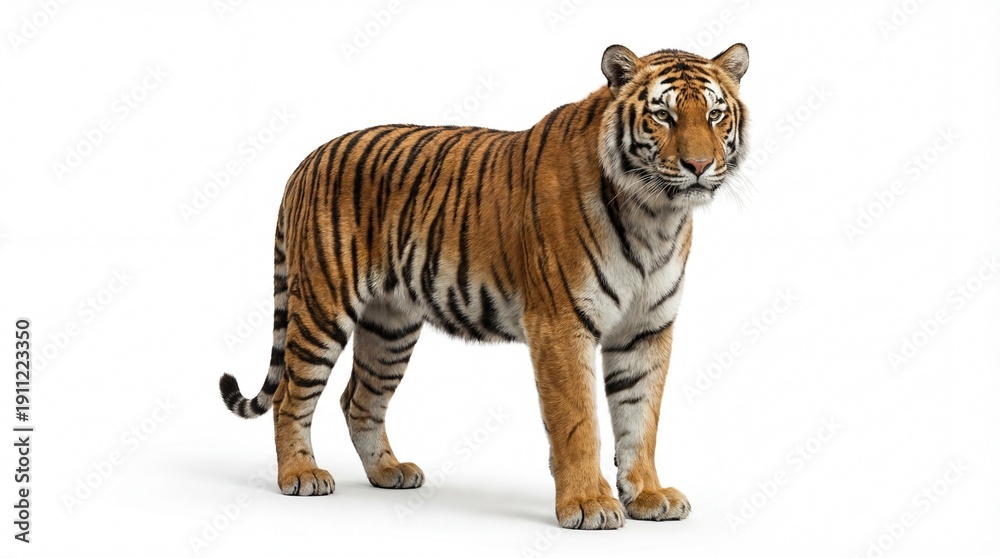 Obraz premium A majestic tiger standing confidently on a plain white background