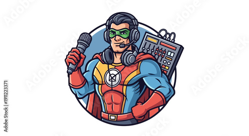 Superhero DJ with Microphone and Sound Mixer ready to entertain the crowd